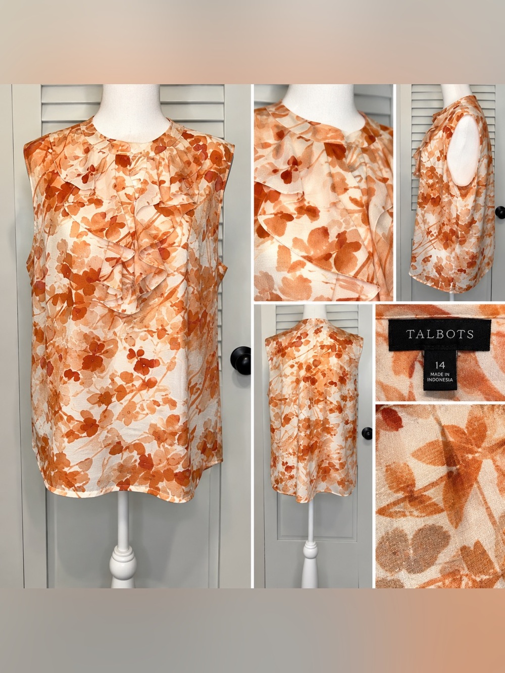 Talbots Rust Orange Floral Sleeveless Ruffle Blouse Size 14 | Fall Boho